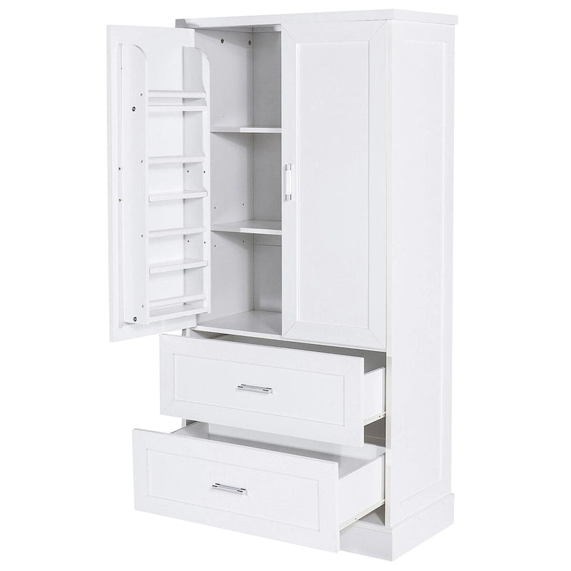 Meuble de Rangement Haut pour Salle de Bain, Meuble avec Deux Portes et Tiroirs, Étagère Réglable, Panneau MDF, Blanc