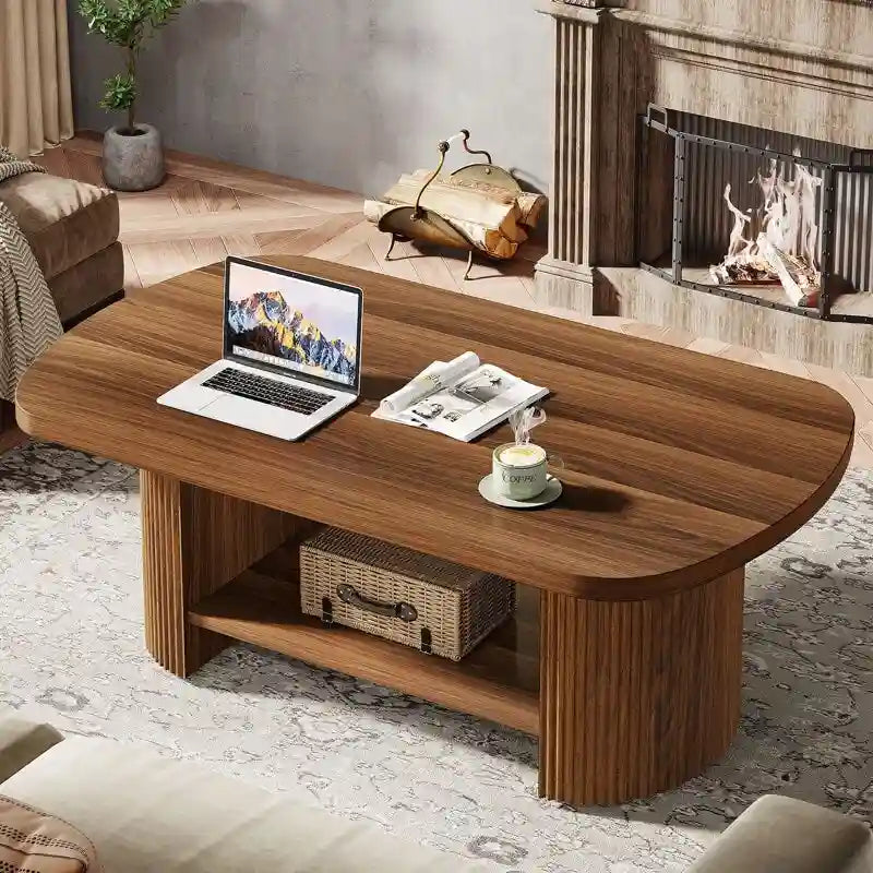 Table basse en bois de 45,2 pouces, table de centre avec 2 étagères