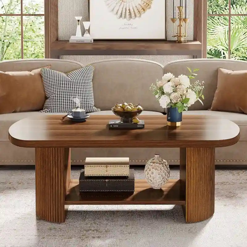Table basse en bois de 45,2 pouces, table de centre avec 2 étagères