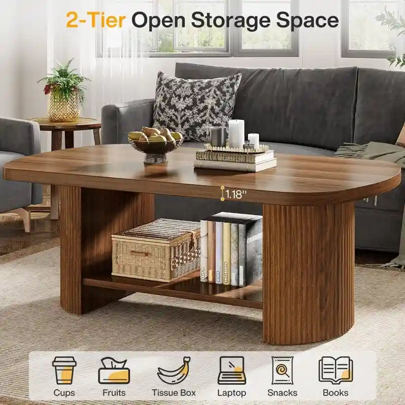 Table basse en bois de 45,2 pouces, table de centre avec 2 étagères