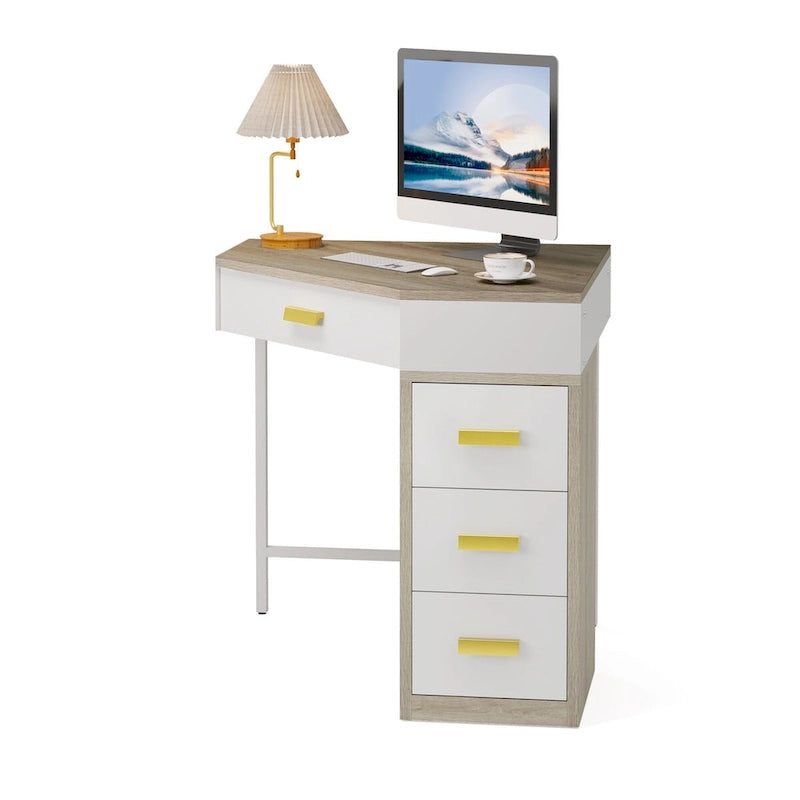 Bureau d'ordinateur d'angle en bois/métal avec 4 tiroirs