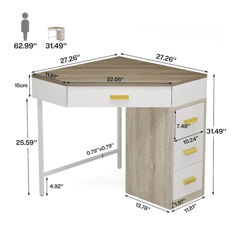 Bureau d'ordinateur d'angle en bois/métal avec 4 tiroirs