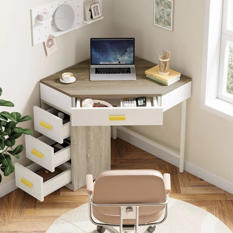 Bureau d'ordinateur d'angle en bois/métal avec 4 tiroirs