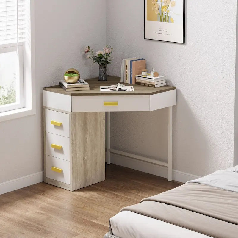 Bureau d'ordinateur d'angle en bois/métal avec 4 tiroirs