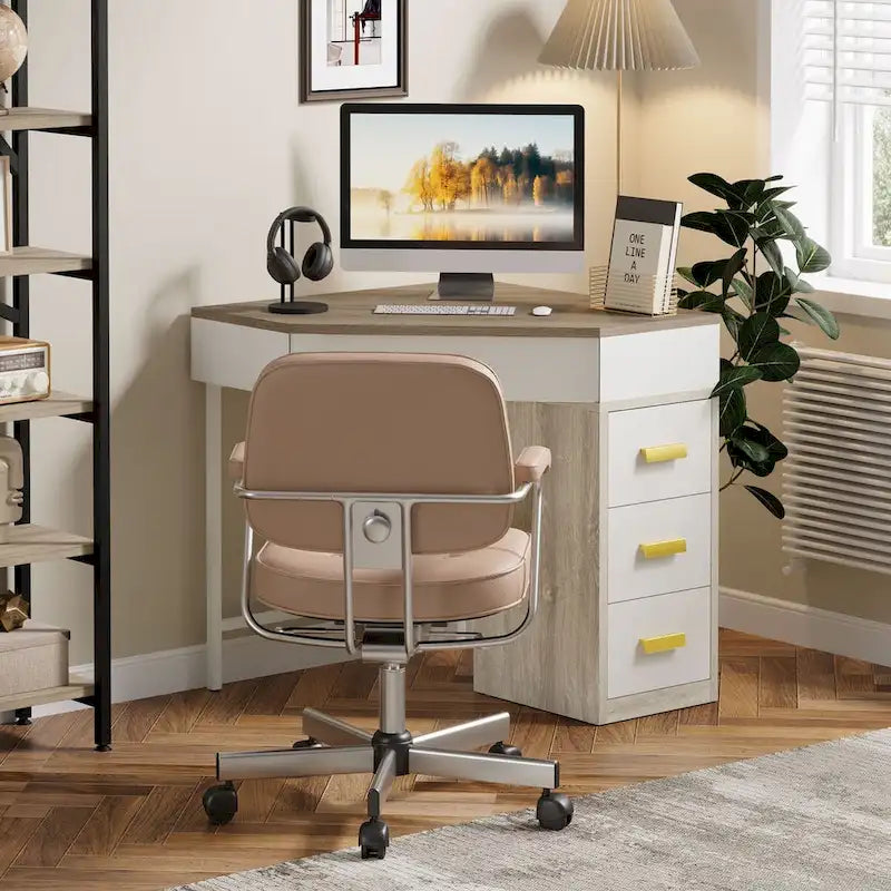 Bureau d'ordinateur d'angle en bois/métal avec 4 tiroirs
