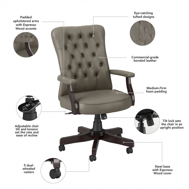 Chaise de bureau capitonnée à dossier haut Salinas avec accoudoirs par Bush Furniture