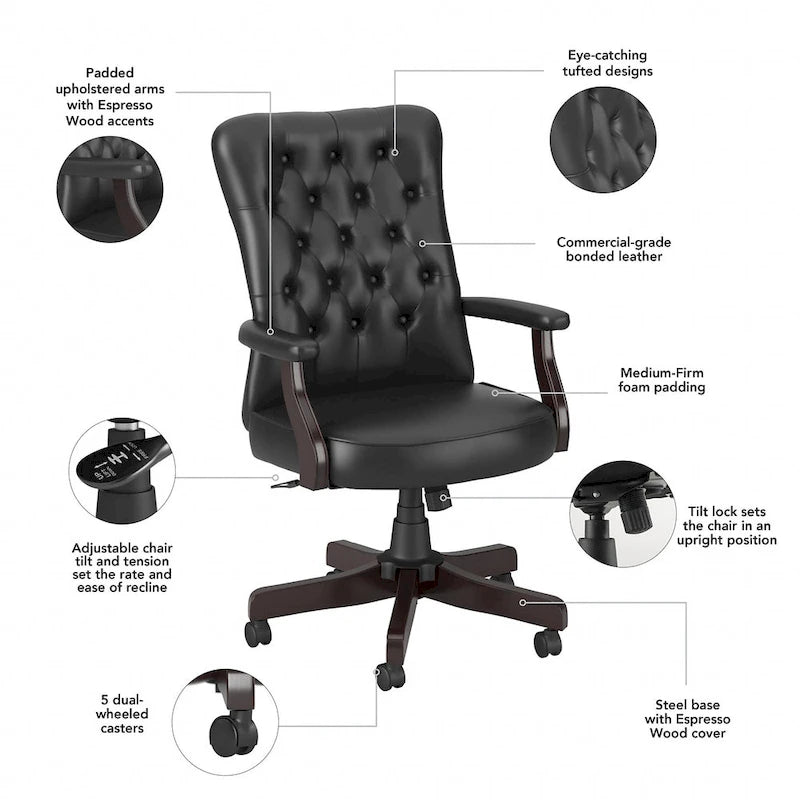 Chaise de bureau capitonnée à dossier haut Salinas avec accoudoirs par Bush Furniture