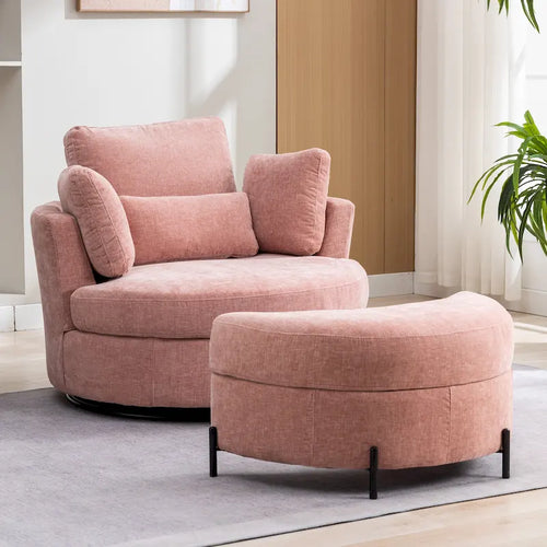 Fauteuil d'appoint pivotant rembourré 42,3 W avec 4 oreillers et pouf de rangement demi-lune