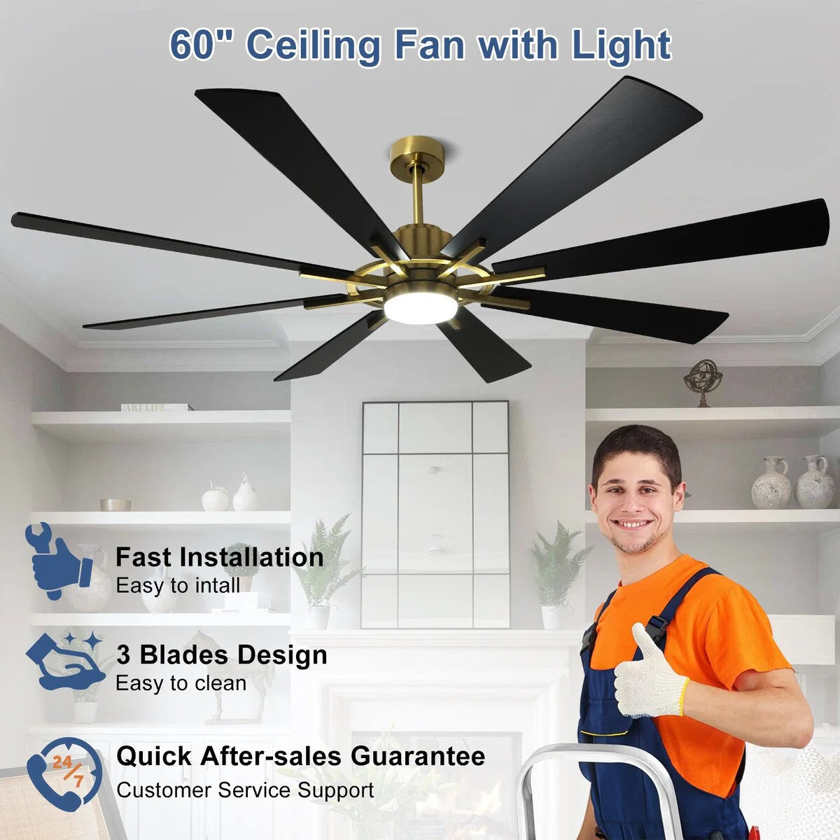 Ventilateur de plafond télécommandé avec lumières, grandes 8 pales en bois