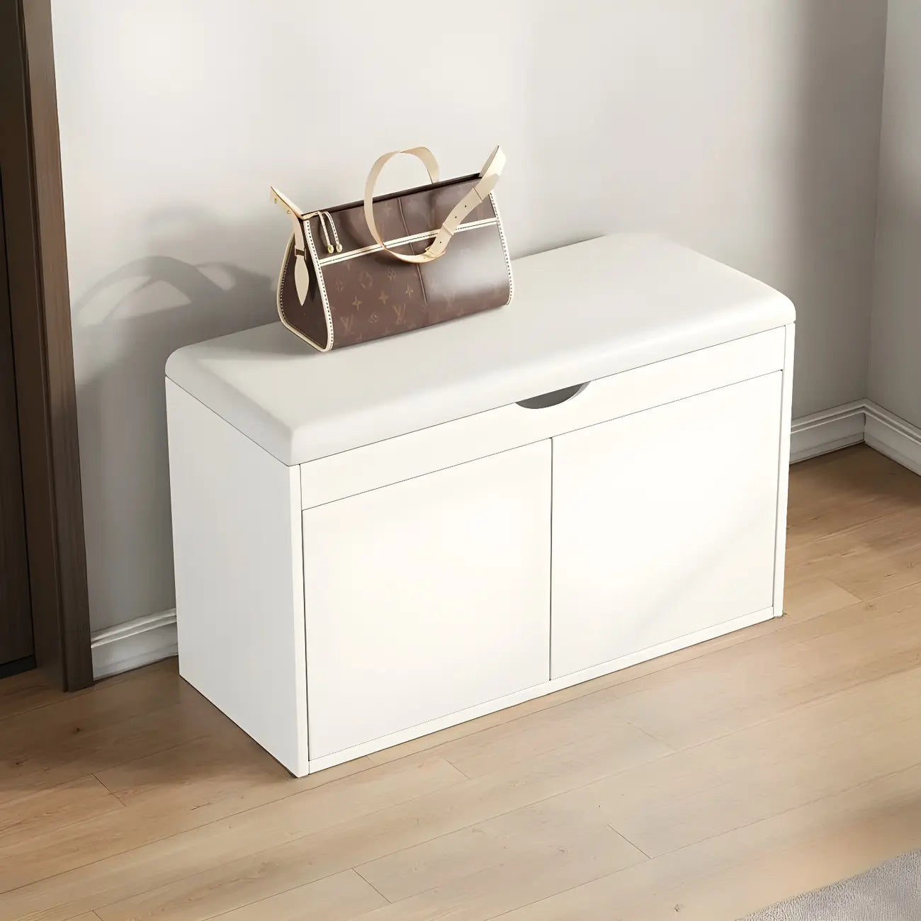 Banc de rangement à chaussures en bois massif avec coussin et étagère ouverte