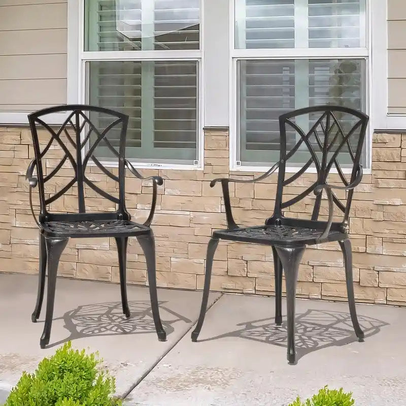 Ensemble de 2 chaises de patio extérieures, en aluminium coulé, noir avec bordure dorée