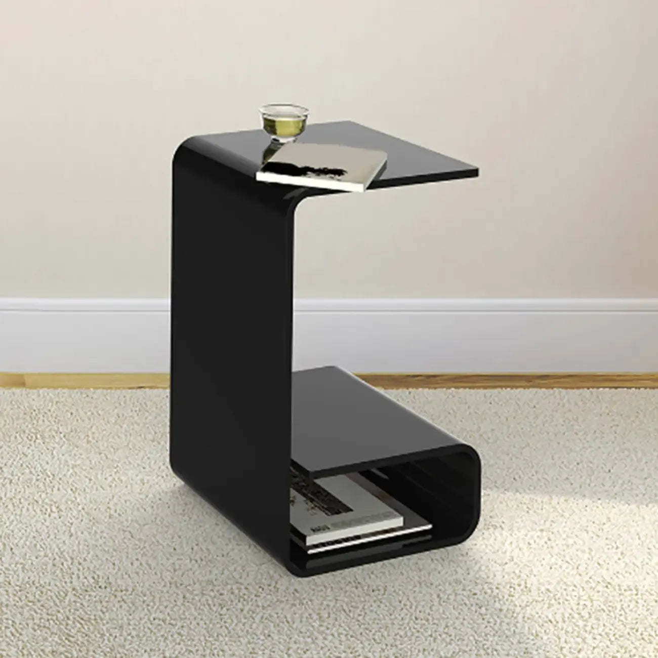 Table d'appoint minimaliste en acrylique en forme de C avec rangement