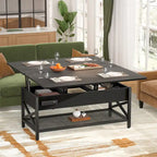 Table basse moderne noire extensible à plateau relevable convertible en table de salle à manger avec lumière LED et prise de courant