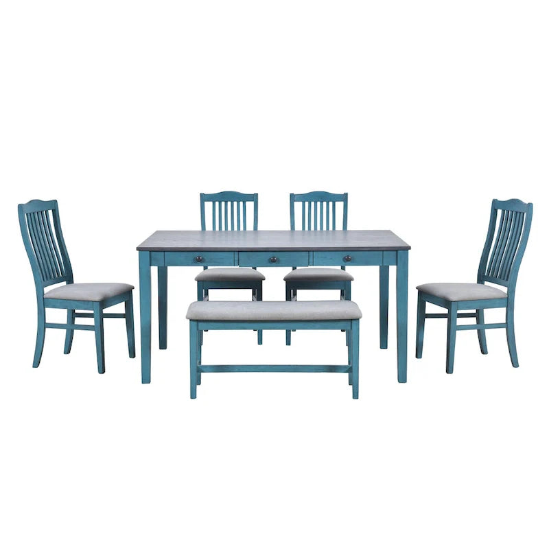 Ensemble de salle à manger 6 pièces en bois avec 4 chaises et un banc, table avec tiroir