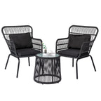 Ensemble bistrot 3 pièces en osier pour conversation, salon de jardin en rotin résistant aux intempéries avec coussins