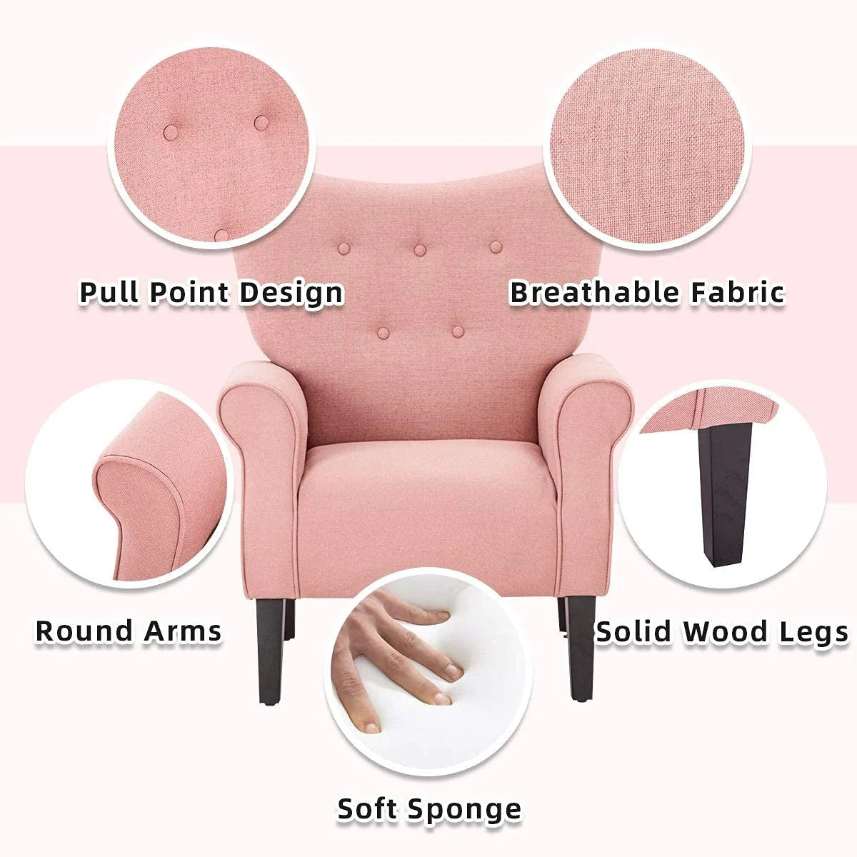 Fauteuil d'appoint moderne Erommy, fauteuil à dossier haut, canapé simple en tissu rembourré avec boutons et pieds en bois pour salon