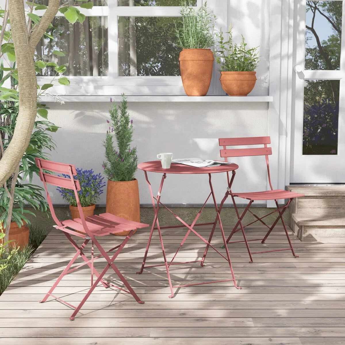 Ensemble bistrot pliant en métal 3 pièces, salon de conversation intérieur/extérieur résistant aux intempéries pour patio, cour, jardin