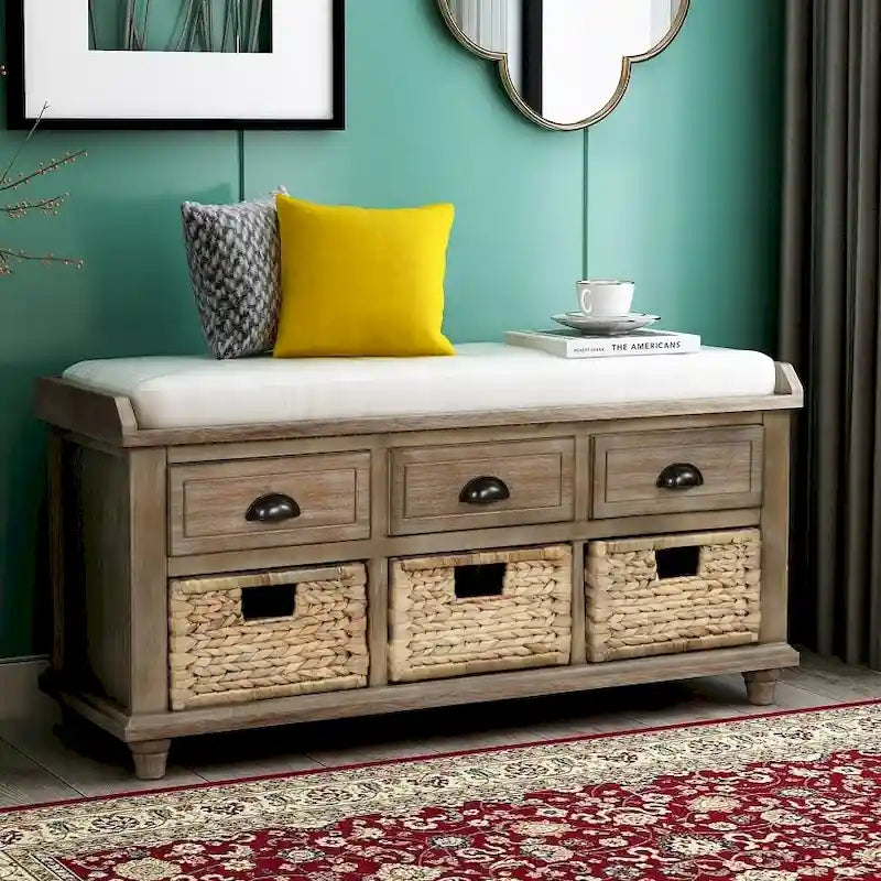Banc de rangement rustique avec 3 tiroirs et 3 paniers en rotin, banc à chaussures pour salon, entrée