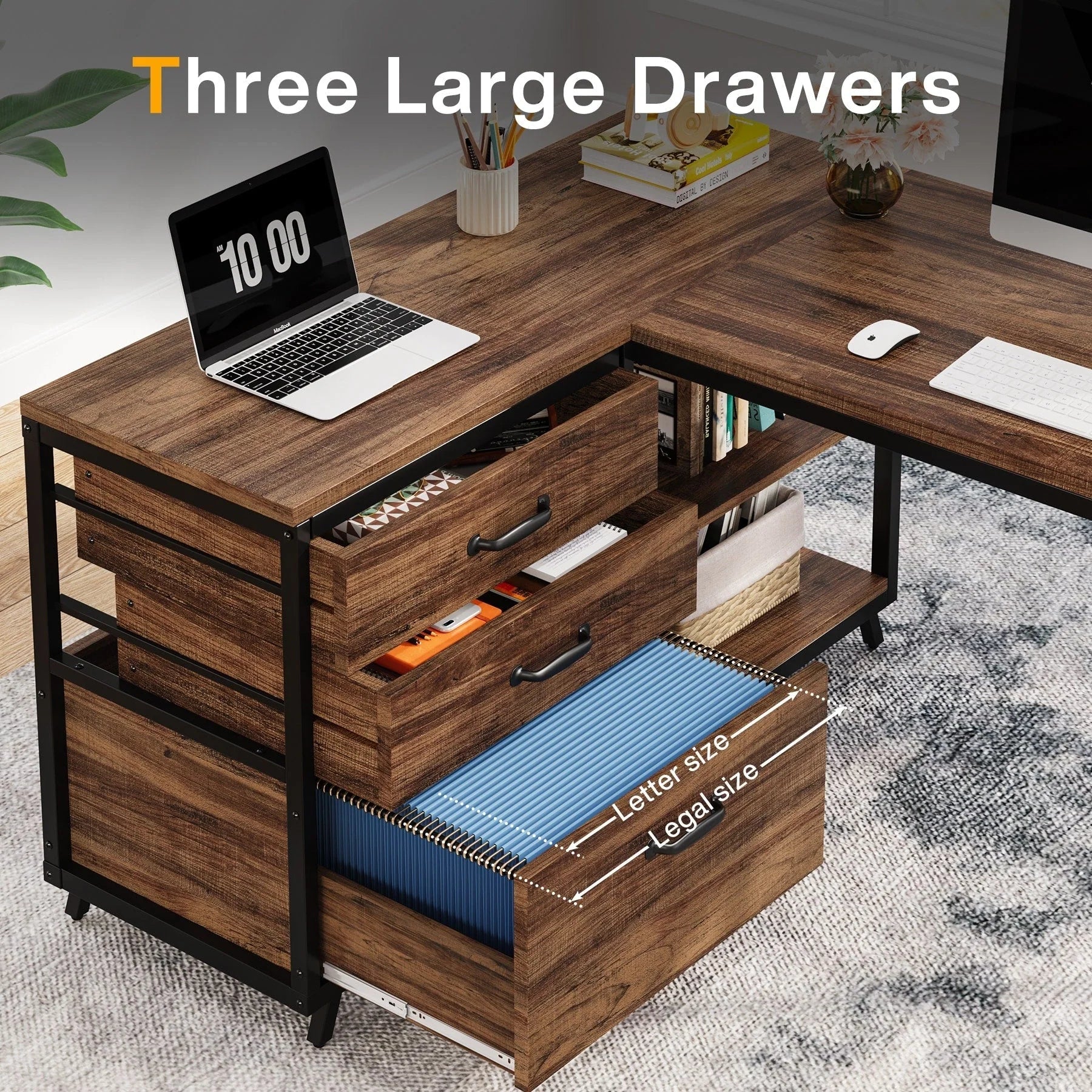 Bureau d'angle en L réversible avec tiroirs de classement, bureau d'ordinateur d'angle