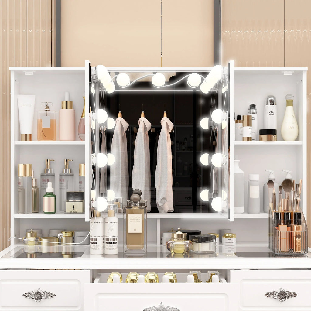 Coiffeuse moderne blanche avec miroir pliable éclairage réglable - 102,1 x 137,4 cm