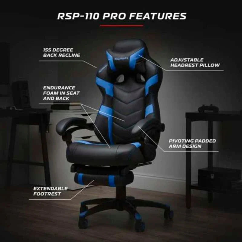 Chaise de jeu RESPAWN 110 Pro - Chaise de jeu avec repose-pieds, chaise de bureau ergonomique