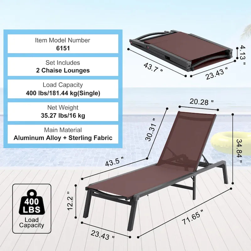 Chaises longues d'extérieur, chaises longues de patio en aluminium avec 5 positions réglables, chaises longues de piscine pliantes inclinables