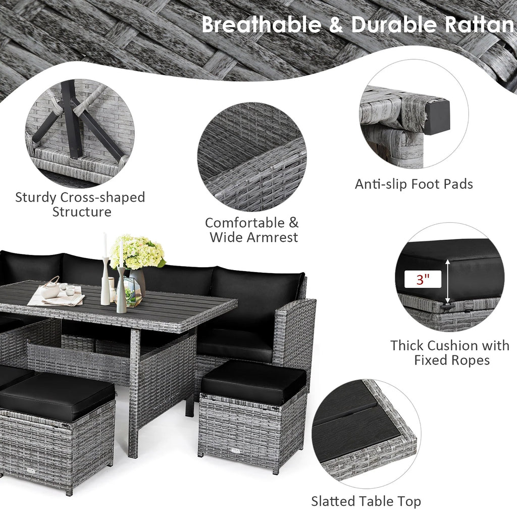 Ensemble de salle à manger Costway 7 pièces en rotin pour terrasse, canapé sectionnel et pouf - Voir détails