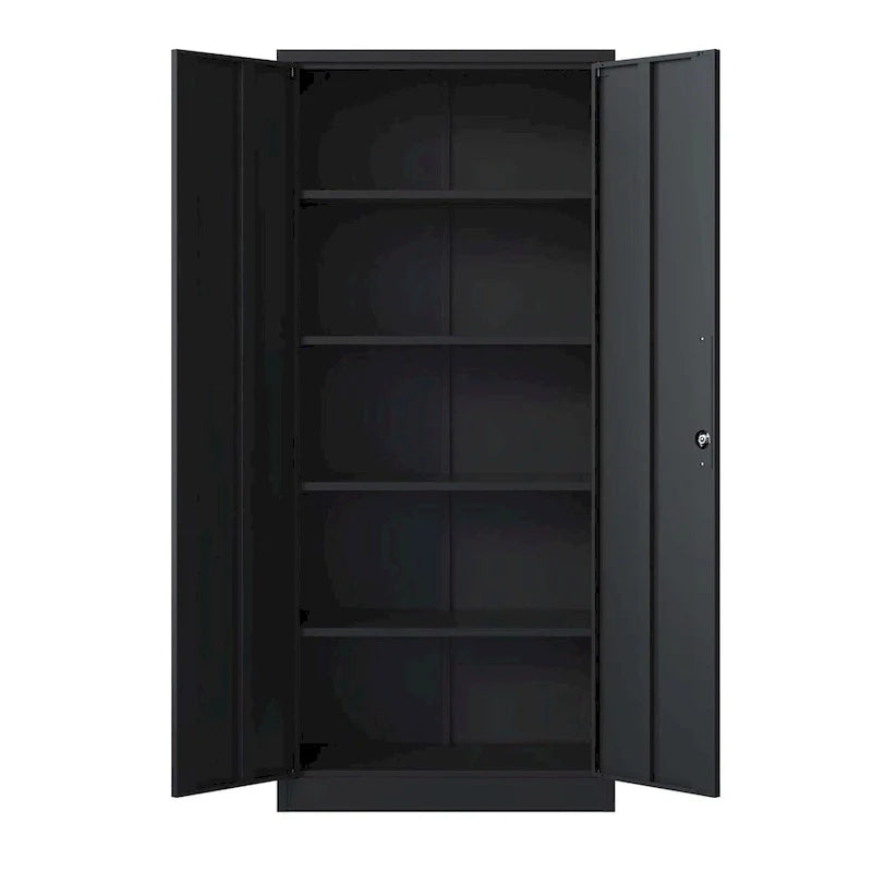 Armoire de rangement de garage en métal 72H, armoire de rangement noire en acier avec portes et 4 étagères