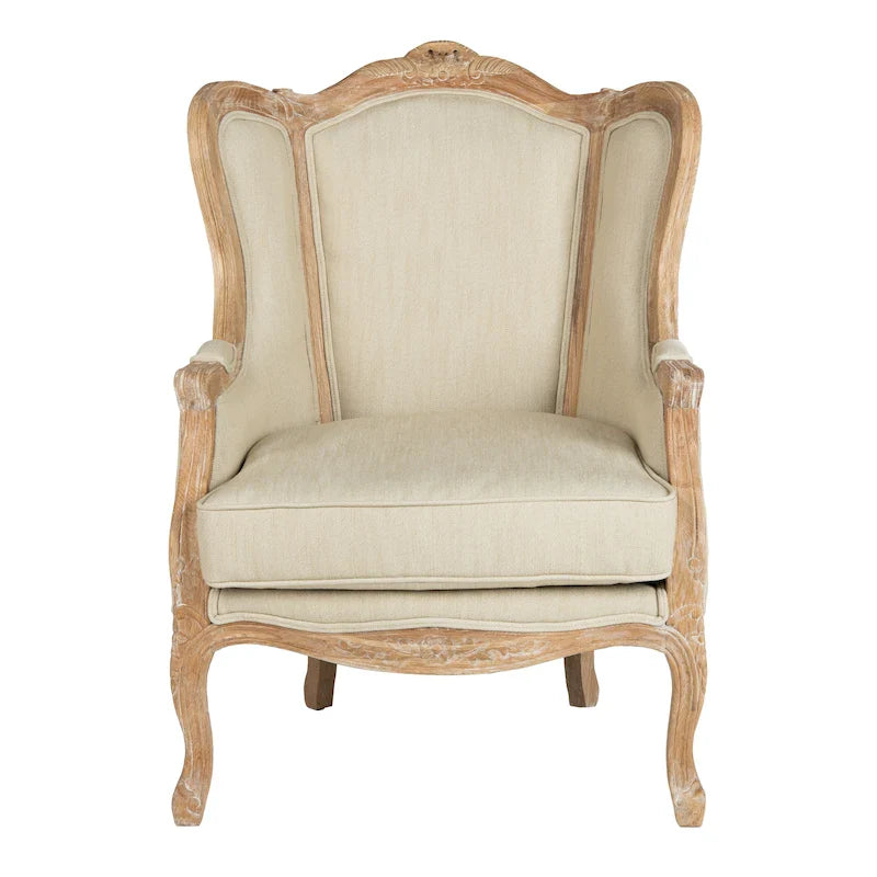 Fauteuil à oreilles Safavieh Couture Kali en chêne et lin naturel - 34 larg. x 34 prof. x 40 haut.