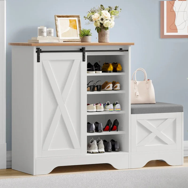 Meuble à chaussures de ferme avec porte coulissante, banc à chaussures, armoire de rangement à 5 niveaux avec étagères réglables pour 20 paires