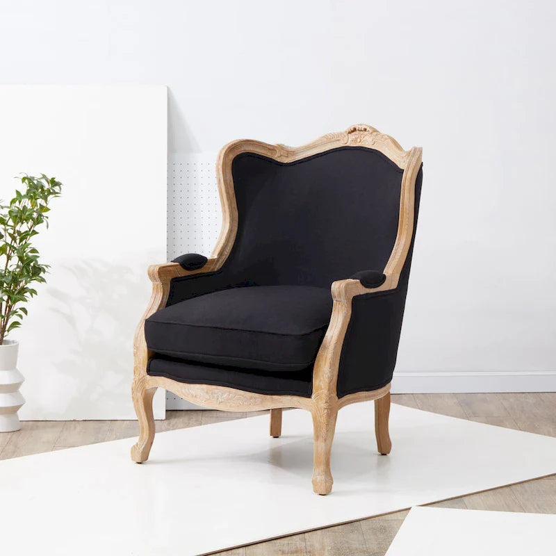 Fauteuil à oreilles Safavieh Couture Kali en chêne et lin naturel - 34 larg. x 34 prof. x 40 haut.